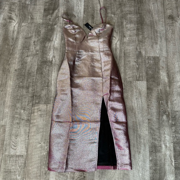 Lulu’s Flashy Fixation Pink Iridescent Metallic Midi Dress - Picture 3 of 7